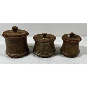 Lindsey Craft Pottery Lidded Jar Set Rustic Brown Stoneware Signed